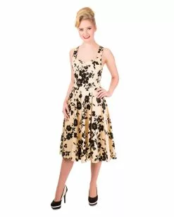 50er Jahre Kleid Mit Blumenprint Beige/schwarz