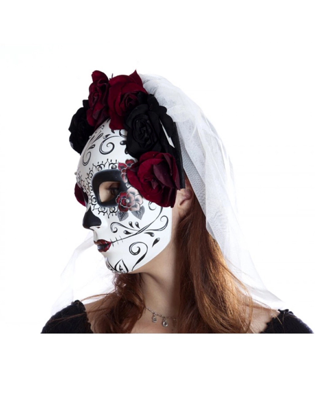 Sugar Skull Maske Mit Blumen & Schleier – Bild 2