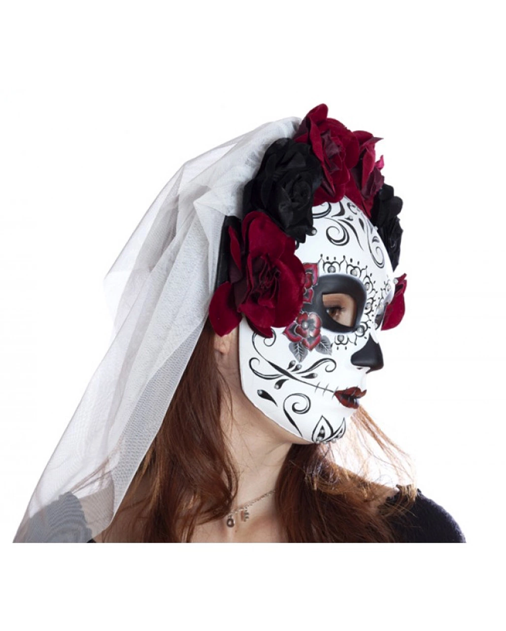Sugar Skull Maske Mit Blumen & Schleier – Bild 3
