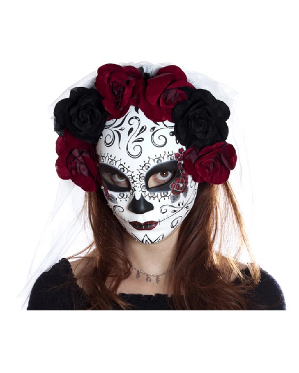 Sugar Skull Maske Mit Blumen & Schleier – Bild 4
